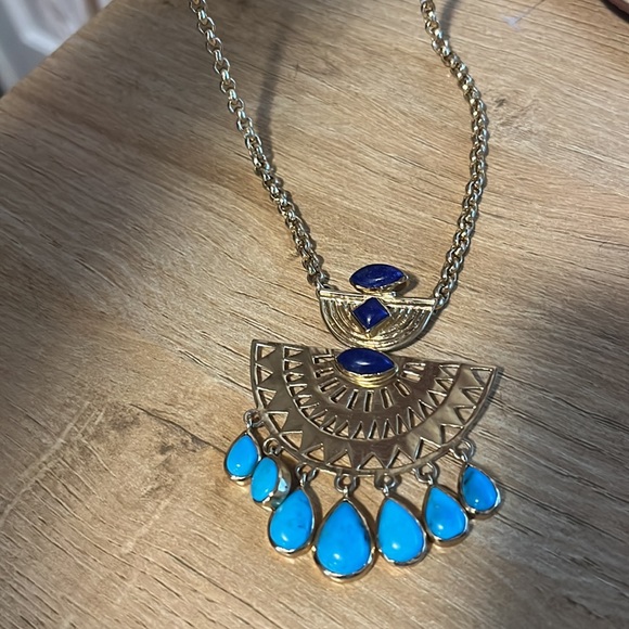 NEW ANTHROPOLOGY BOHEMIAN GOLD & BLUES NECKLACE W DANGLES AND ADJUSTABLE CHAIN - Picture 6 of 6